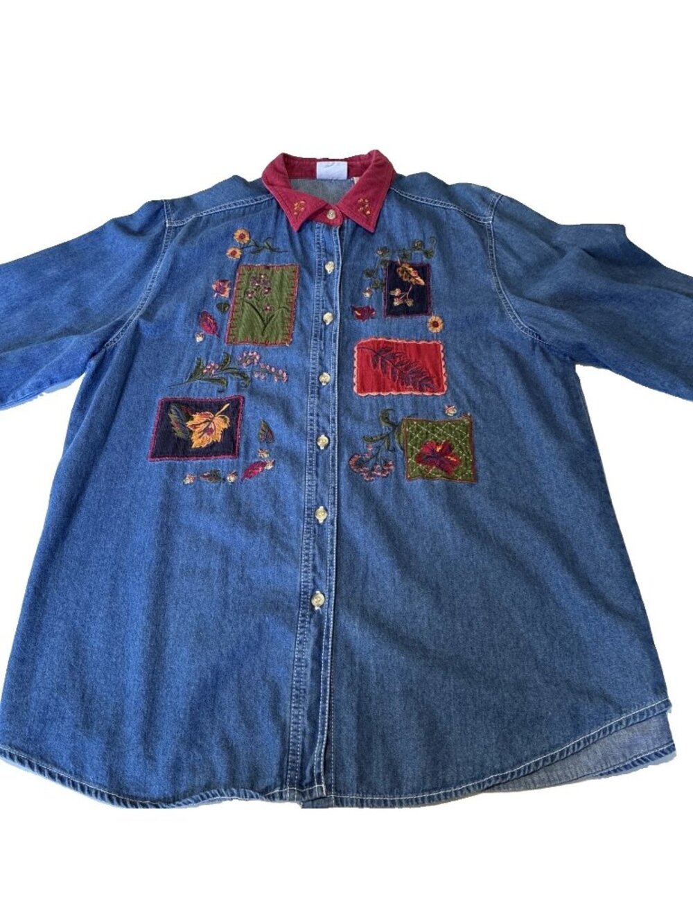 Bobbie Brooks Vintage Denim Shirt Embroidered Patchwork Cherry Red XL 16/18